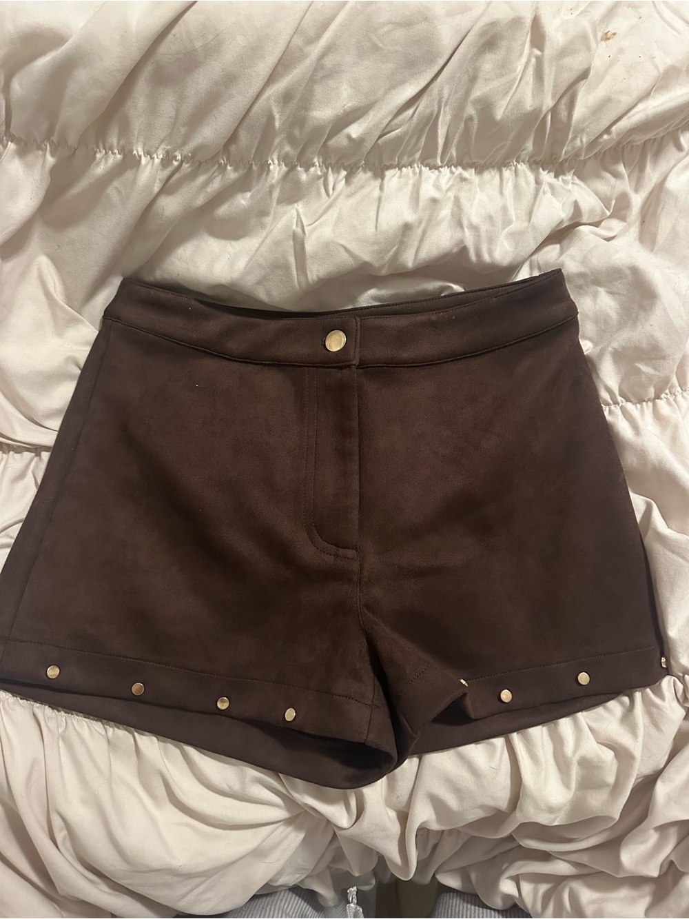 Sincerely Jules Brown High Waist Suede-Look Shorts with Gold Studs